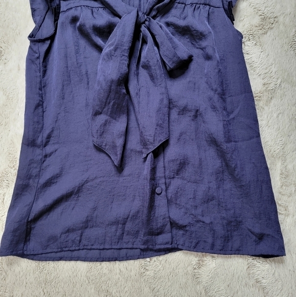 Ann Taylor Loft Navy Blue Sleeveless Ruffle Cap Sleeve Tie Neck Accent XS - Picture 3 of 9